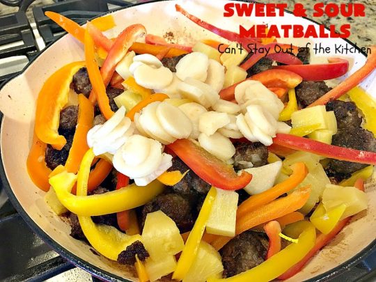 Sweet and Sour Meatballs | Can't Stay Out of the Kitchen | this #meatball entree is awesome! It's made with a delicious sweet & sour sauce & filled with bell peppers, #pineapple & water chestnuts. Served over #rice, this is the perfect weeknight meal. #beef #glutenfree