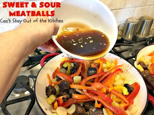 Sweet and Sour Meatballs | Can't Stay Out of the Kitchen | this #meatball entree is awesome! It's made with a delicious sweet & sour sauce & filled with bell peppers, #pineapple & water chestnuts. Served over #rice, this is the perfect weeknight meal. #beef #glutenfree
