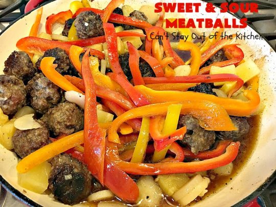 Sweet and Sour Meatballs | Can't Stay Out of the Kitchen | this #meatball entree is awesome! It's made with a delicious sweet & sour sauce & filled with bell peppers, #pineapple & water chestnuts. Served over #rice, this is the perfect weeknight meal. #beef #glutenfree