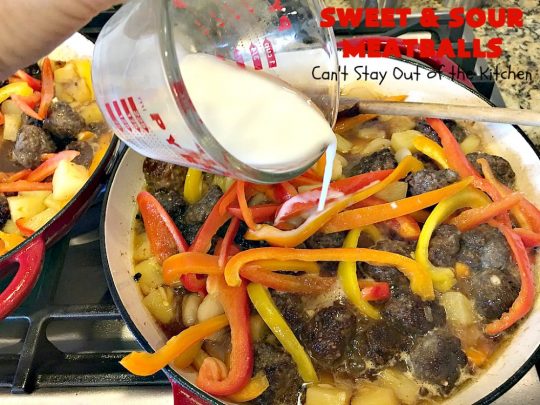 Sweet and Sour Meatballs | Can't Stay Out of the Kitchen | this #meatball entree is awesome! It's made with a delicious sweet & sour sauce & filled with bell peppers, #pineapple & water chestnuts. Served over #rice, this is the perfect weeknight meal. #beef #glutenfree