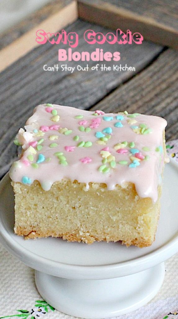 Swig Cookie Blondies | Can't Stay Out of the Kitchen | these blondies are divine! The sour cream icing is spectacular. We loved these #cookies. #dessert