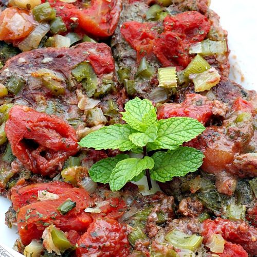 Swiss Steak | Can't Stay Out of the Kitchen | Delicious #cubesteak entree is smothered with #stewedtomatoes, celery, onions & bell pepper. This #glutenfree version is baked rather than fried so it's healthier & #lowcalorie. Our company loved this #beef #maindish #recipe. #tomatoes #Swisssteak #steakdinner