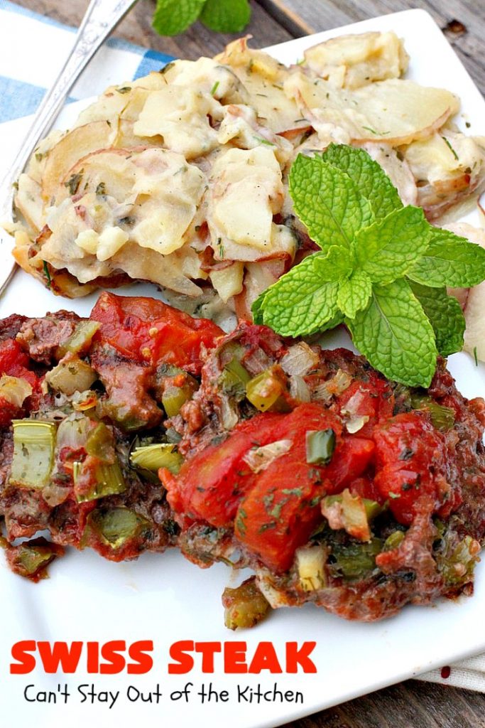 Swiss Steak | Can't Stay Out of the Kitchen | Delicious #cubesteak entree is smothered with #stewedtomatoes, celery, onions & bell pepper. This #glutenfree version is baked rather than fried so it's healthier & #lowcalorie. Our company loved this #beef #maindish  #recipe. #tomatoes #Swisssteak #steakdinner