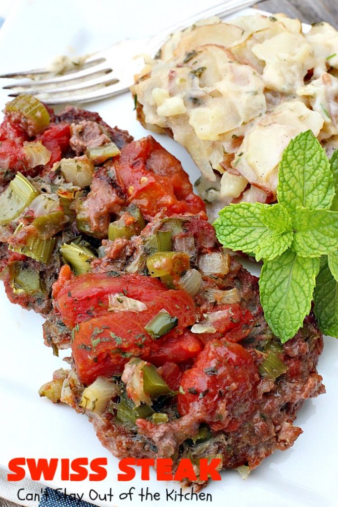 Swiss Steak | Can't Stay Out of the Kitchen | Delicious #cubesteak entree is smothered with #stewedtomatoes, celery, onions & bell pepper. This #glutenfree version is baked rather than fried so it's healthier & #lowcalorie. Our company loved this #beef #maindish #recipe. #tomatoes #Swisssteak #steakdinner