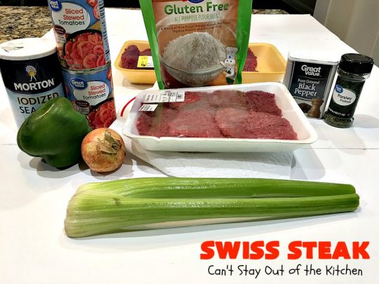 Swiss Steak | Can't Stay Out of the Kitchen | Delicious #cubesteak entree is smothered with #stewedtomatoes, celery, onions & bell pepper. This #glutenfree version is baked rather than fried so it's healthier & #lowcalorie. Our company loved this #beef #maindish  #recipe. #tomatoes #Swisssteak #steakdinner