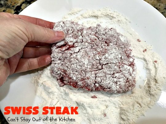 Swiss Steak | Can't Stay Out of the Kitchen | Delicious #cubesteak entree is smothered with #stewedtomatoes, celery, onions & bell pepper. This #glutenfree version is baked rather than fried so it's healthier & #lowcalorie. Our company loved this #beef #maindish  #recipe. #tomatoes #Swisssteak #steakdinner