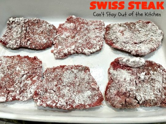 Swiss Steak | Can't Stay Out of the Kitchen | Delicious #cubesteak entree is smothered with #stewedtomatoes, celery, onions & bell pepper. This #glutenfree version is baked rather than fried so it's healthier & #lowcalorie. Our company loved this #beef #maindish  #recipe. #tomatoes #Swisssteak #steakdinner