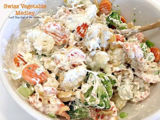 Swiss Vegetable Medley | Can't Stay Out of the Kitchen | fabulous #casserole is great for the #holidays. Uses #SwissCheese #FrenchFriedOnions & cream of mushroom soup. #vegetables