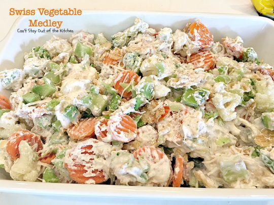 Swiss Vegetable Medley | Can't Stay Out of the Kitchen | fabulous #casserole is great for the #holidays. Uses #SwissCheese #FrenchFriedOnions & cream of mushroom soup. #vegetables