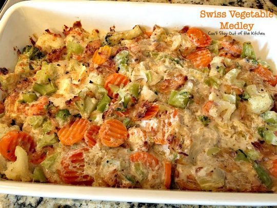Swiss Vegetable Medley | Can't Stay Out of the Kitchen | fabulous #casserole is great for the #holidays. Uses #SwissCheese #FrenchFriedOnions & cream of mushroom soup. #vegetables