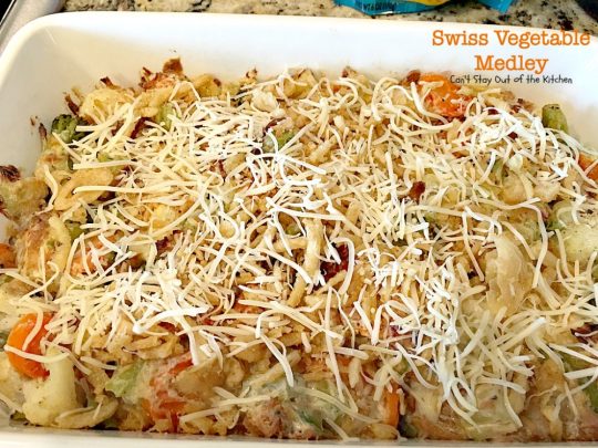 Swiss Vegetable Medley | Can't Stay Out of the Kitchen | fabulous #casserole is great for the #holidays. Uses #SwissCheese #FrenchFriedOnions & cream of mushroom soup. #vegetables