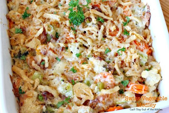 Swiss Vegetable Medley | Can't Stay Out of the Kitchen | fabulous #casserole is great for the #holidays. Uses #SwissCheese #FrenchFriedOnions & cream of mushroom soup. #vegetables