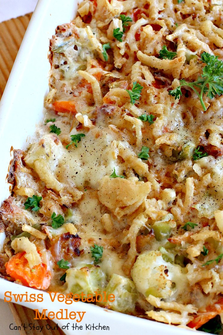 Swiss Vegetable Medley | Can't Stay Out of the Kitchen | fabulous #casserole is great for the #holidays. Uses #SwissCheese #FrenchFriedOnions & cream of mushroom soup. #vegetables
