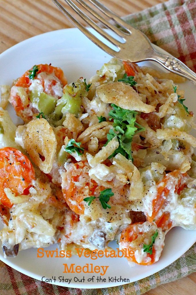 Swiss Vegetable Medley | Can't Stay Out of the Kitchen | fabulous #casserole is great for the #holidays. Uses #SwissCheese #FrenchFriedOnions & cream of mushroom soup. #vegetables