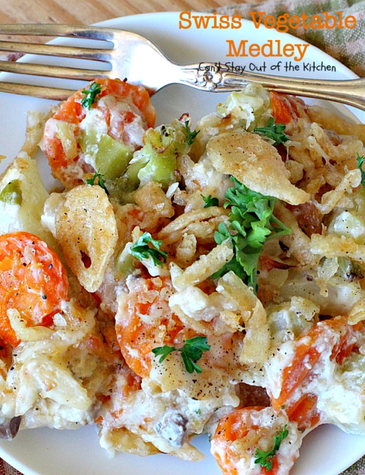 Swiss Vegetable Medley | Can't Stay Out of the Kitchen | fabulous #casserole is great for the #holidays. Uses #SwissCheese #FrenchFriedOnions & cream of mushroom soup. #vegetables