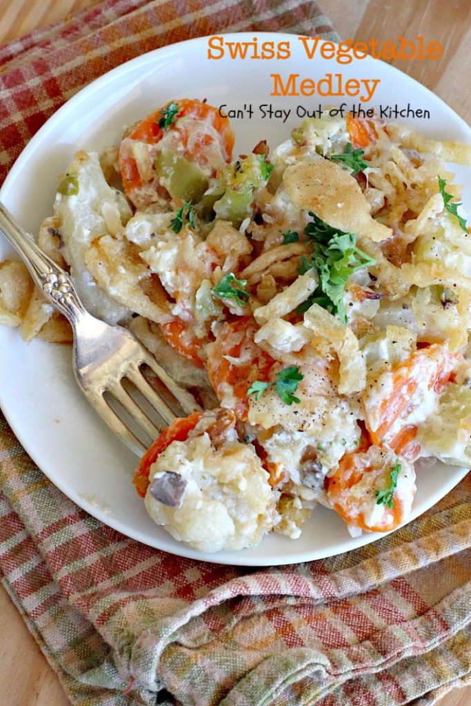 Swiss Vegetable Medley | Can't Stay Out of the Kitchen | fabulous #casserole is great for the #holidays. Uses #SwissCheese #FrenchFriedOnions & cream of mushroom soup. #vegetables
