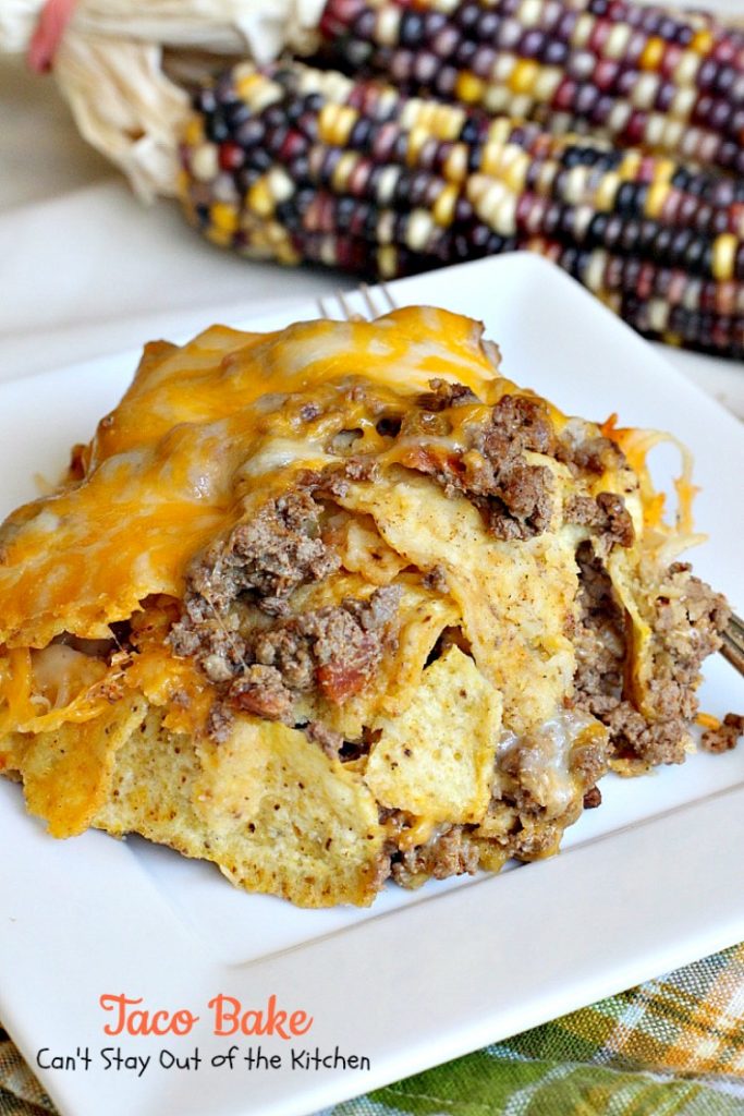 Taco Bake | Can't Stay Out of the Kitchen | this is a super easy 7-ingredient dinner recipe. We love this #casserole. #Tex-Mex #glutenfree