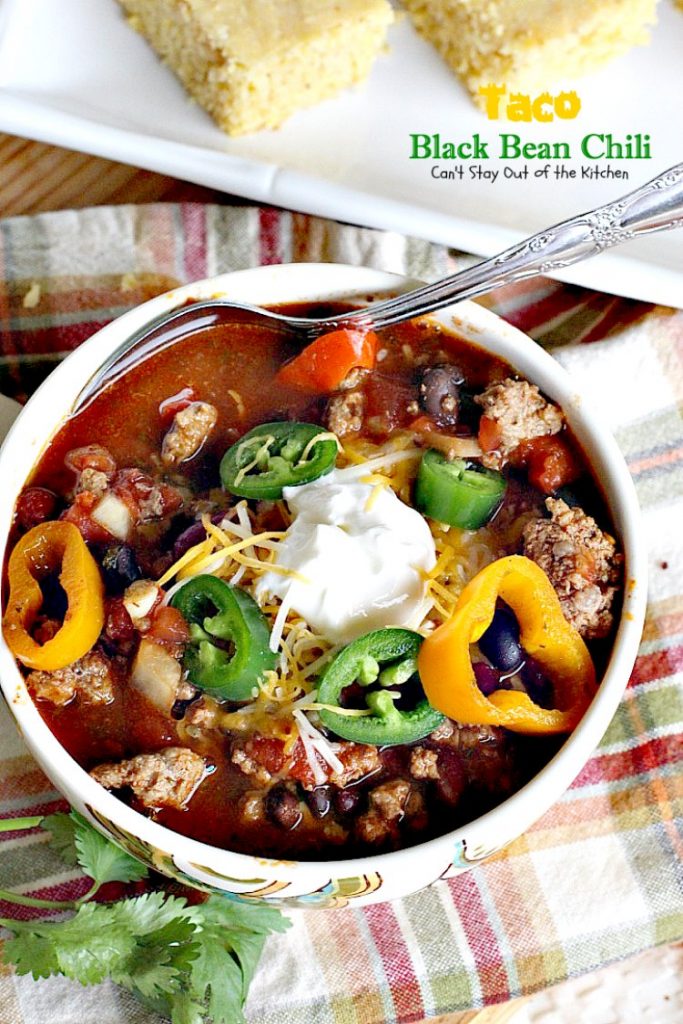 Taco Black Bean Chili | Can't Stay Out of the Kitchen | awesome #chili with a spicy #taco taste & #blackbeans. #glutenfree