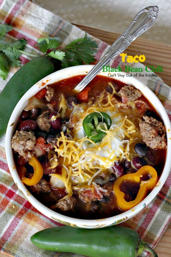 Taco Black Bean Chili | Can't Stay Out of the Kitchen | awesome #chili with a spicy #taco taste & #blackbeans. #glutenfree