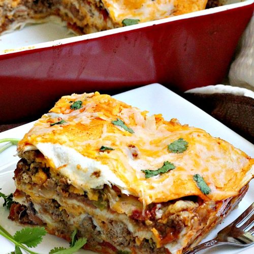 Taco Lasagna | Can't Stay Out of the Kitchen | spectacular #TexMex entree with a #beef, bean & #cheese filling. Fabulous company dinner.