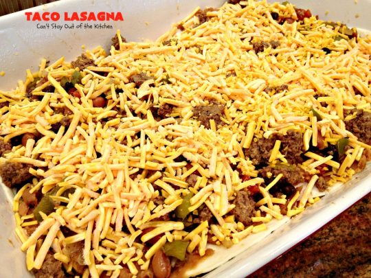 Taco Lasagna | Can't Stay Out of the Kitchen | spectacular #TexMex entree with a #beef, bean & #cheese filling. Fabulous company dinner.