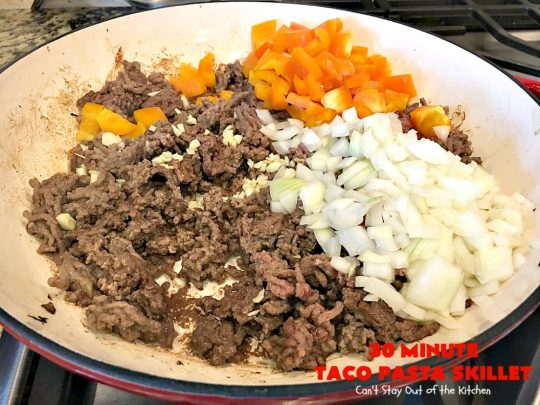 30-Minute Taco Pasta Skillet | Can't Stay Out of the Kitchen | This delicious #TexMex #beef entree includes #glutenfree #pasta, #beans & corn and can be made in about 30 minutes. The toppings make this dish fabulous. It's great for weeknight dinners! #avocados