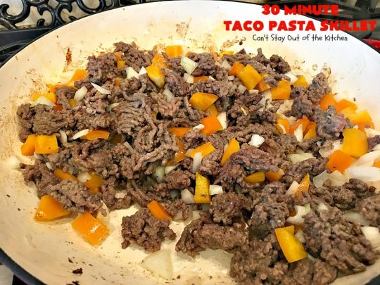 30-Minute Taco Pasta Skillet | Can't Stay Out of the Kitchen | This delicious #TexMex #beef entree includes #glutenfree #pasta, #beans & corn and can be made in about 30 minutes. The toppings make this dish fabulous. It's great for weeknight dinners! #avocados
