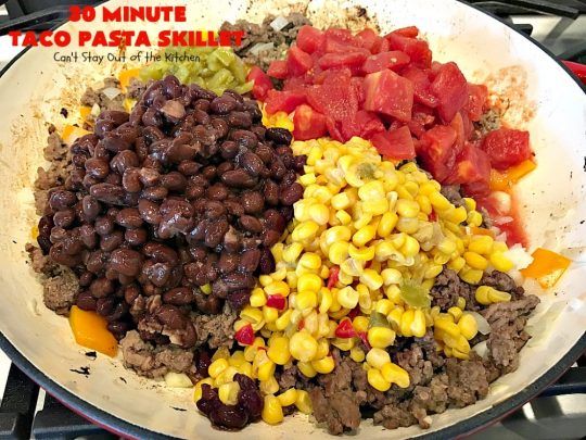 30-Minute Taco Pasta Skillet | Can't Stay Out of the Kitchen | This delicious #TexMex #beef entree includes #glutenfree #pasta, #beans & corn and can be made in about 30 minutes. The toppings make this dish fabulous. It's great for weeknight dinners! #avocados