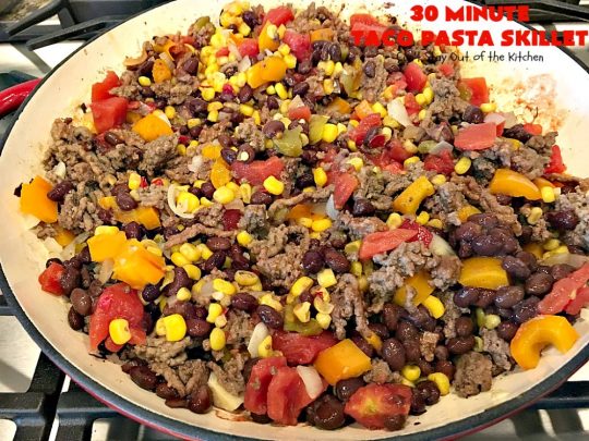30-Minute Taco Pasta Skillet | Can't Stay Out of the Kitchen | This delicious #TexMex #beef entree includes #glutenfree #pasta, #beans & corn and can be made in about 30 minutes. The toppings make this dish fabulous. It's great for weeknight dinners! #avocados