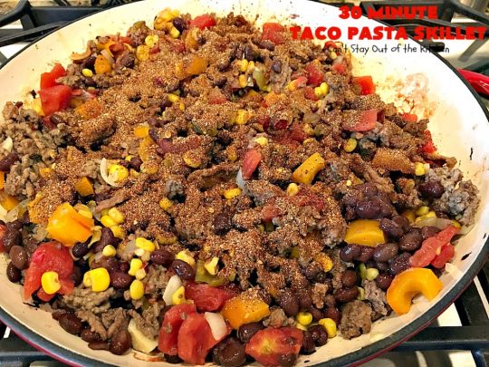 30-Minute Taco Pasta Skillet | Can't Stay Out of the Kitchen | This delicious #TexMex #beef entree includes #glutenfree #pasta, #beans & corn and can be made in about 30 minutes. The toppings make this dish fabulous. It's great for weeknight dinners! #avocados