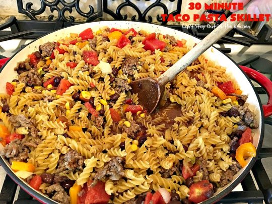 30-Minute Taco Pasta Skillet | Can't Stay Out of the Kitchen | This delicious #TexMex #beef entree includes #glutenfree #pasta, #beans & corn and can be made in about 30 minutes. The toppings make this dish fabulous. It's great for weeknight dinners! #avocados