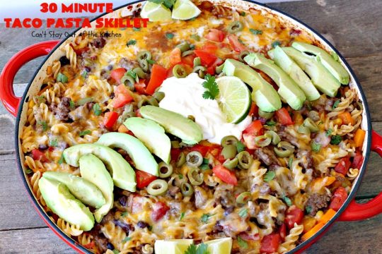 30-Minute Taco Pasta Skillet | Can't Stay Out of the Kitchen | This delicious #TexMex #beef entree includes #glutenfree #pasta, #beans & corn and can be made in about 30 minutes. The toppings make this dish fabulous. It's great for weeknight dinners! #avocados