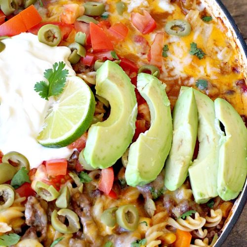 30-Minute Taco Pasta Skillet | Can't Stay Out of the Kitchen | This delicious #TexMex #beef entree includes #glutenfree #pasta, #beans & corn and can be made in about 30 minutes. The toppings make this dish fabulous. It's great for weeknight dinners! #avocados