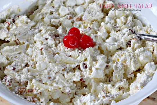 Taffy Apple Salad | Can't Stay Out of the Kitchen | This delectable #salad tastes just like eating #candyapples! It's great for #holiday menus. #apples #peanuts #pineapple
