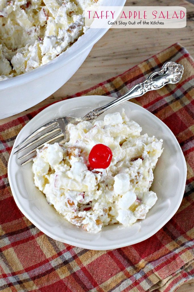 Taffy Apple Salad | Can't Stay Out of the Kitchen | This delectable #salad tastes just like eating #candyapples! It's great for #holiday menus. #apples #peanuts #pineapple