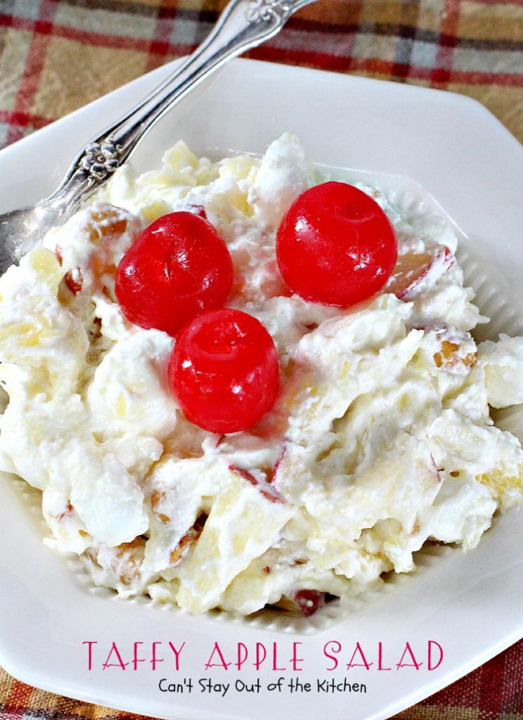 Taffy Apple Salad | Can't Stay Out of the Kitchen | This delectable #salad tastes just like eating #candyapples! It's great for #holiday menus. #apples #peanuts #pineapple