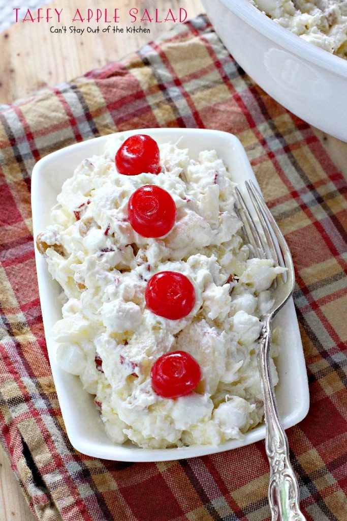 Taffy Apple Salad | Can't Stay Out of the Kitchen | This delectable #salad tastes just like eating #candyapples! It's great for #holiday menus. #apples #peanuts #pineapple