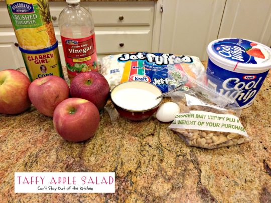 Taffy Apple Salad | Can't Stay Out of the Kitchen | This delectable #salad tastes just like eating #candyapples! It's great for #holiday menus. #apples #peanuts #pineapple