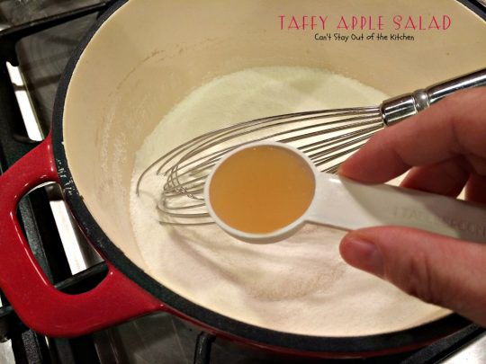 Taffy Apple Salad | Can't Stay Out of the Kitchen | This delectable #salad tastes just like eating #candyapples! It's great for #holiday menus. #apples #peanuts #pineapple