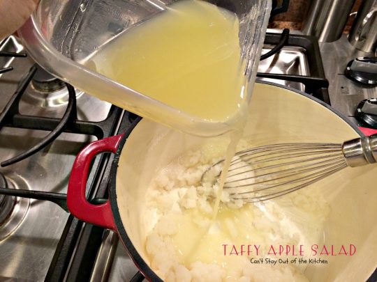 Taffy Apple Salad | Can't Stay Out of the Kitchen | This delectable #salad tastes just like eating #candyapples! It's great for #holiday menus. #apples #peanuts #pineapple