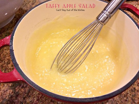 Taffy Apple Salad | Can't Stay Out of the Kitchen | This delectable #salad tastes just like eating #candyapples! It's great for #holiday menus. #apples #peanuts #pineapple