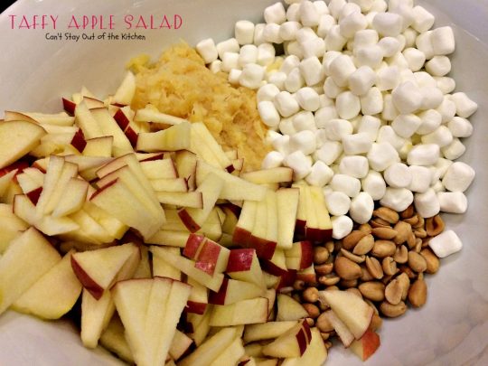 Taffy Apple Salad | Can't Stay Out of the Kitchen | This delectable #salad tastes just like eating #candyapples! It's great for #holiday menus. #apples #peanuts #pineapple