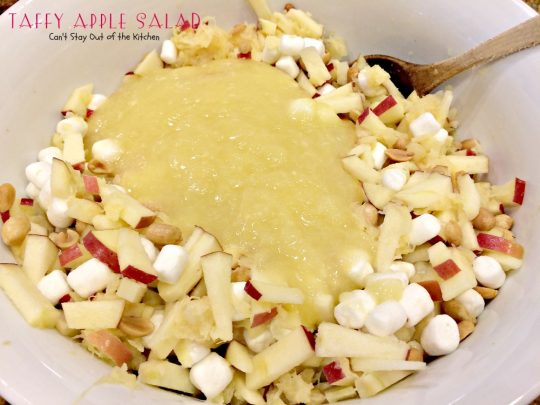 Taffy Apple Salad | Can't Stay Out of the Kitchen | This delectable #salad tastes just like eating #candyapples! It's great for #holiday menus. #apples #peanuts #pineapple