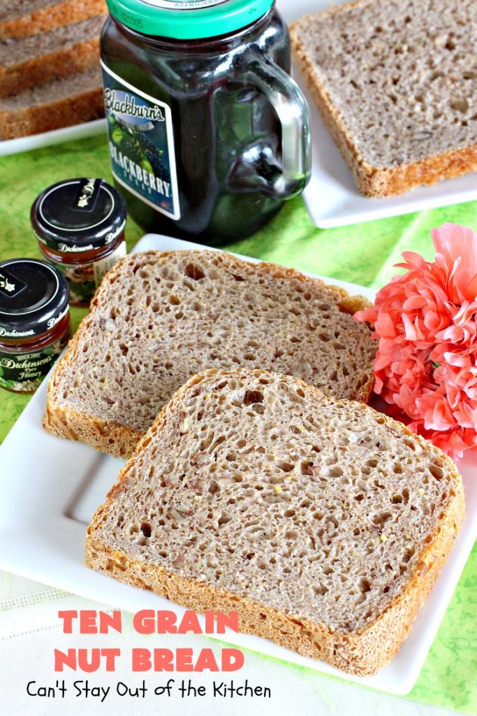 Ten Grain Nut Bread | Can't Stay Out of the Kitchen | this delicious #HomemadeBread is so easy since it's made in the #Breadmaker! It's made with #Pecans & #TenGrainCereal. It has fabulous taste and texture. While this is a great dinner #bread, it's also terrific for #breakfast. #DinnerBread #BreakfastBread #TenGrainNutBread