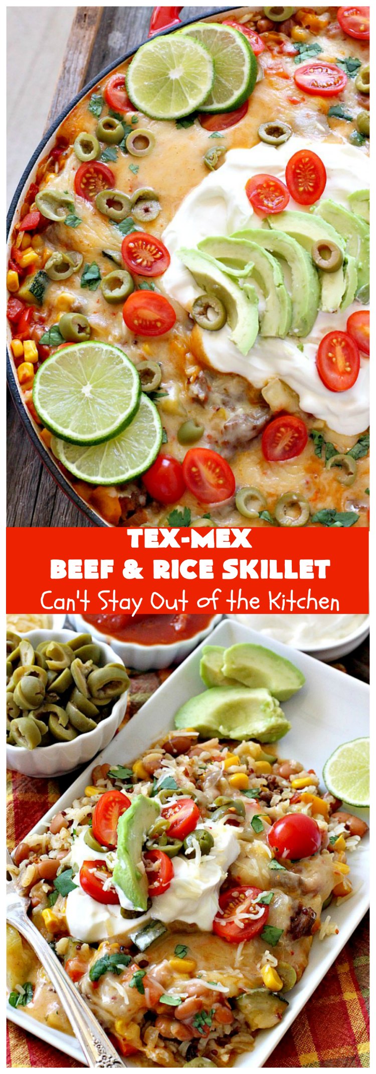Tex-Mex Beef and Rice Skillet | Can't Stay Out of the Kitchen | this fantastic #TexMex meal takes only   30 minutes to prepare! It's loaded with toppings that add incredible flavor. Filled with healthy veggies, #beans & #rice. #GlutenFree #TexMexBeansAndRiceSkillet
