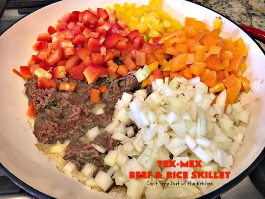Tex-Mex Beef and Rice Skillet | Can't Stay Out of the Kitchen | this fantastic #TexMex meal takes only 30 minutes to prepare! It's loaded with toppings that add incredible flavor. Filled with healthy veggies, #beans & #rice. #glutenfree