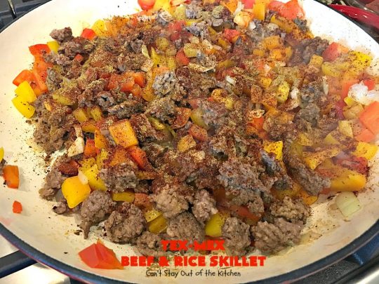 Tex-Mex Beef and Rice Skillet | Can't Stay Out of the Kitchen | this fantastic #TexMex meal takes only 30 minutes to prepare! It's loaded with toppings that add incredible flavor. Filled with healthy veggies, #beans & #rice. #glutenfree