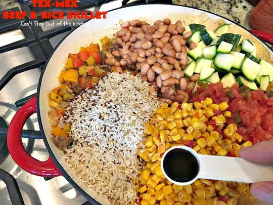Tex-Mex Beef and Rice Skillet | Can't Stay Out of the Kitchen | this fantastic #TexMex meal takes only 30 minutes to prepare! It's loaded with toppings that add incredible flavor. Filled with healthy veggies, #beans & #rice. #glutenfree