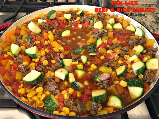 Tex-Mex Beef and Rice Skillet | Can't Stay Out of the Kitchen | this fantastic #TexMex meal takes only 30 minutes to prepare! It's loaded with toppings that add incredible flavor. Filled with healthy veggies, #beans & #rice. #glutenfree