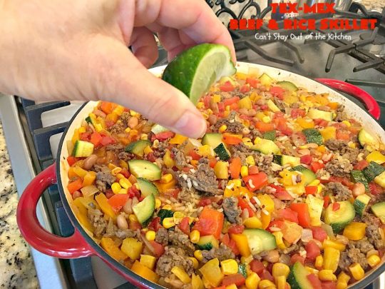 Tex-Mex Beef and Rice Skillet | Can't Stay Out of the Kitchen | this fantastic #TexMex meal takes only 30 minutes to prepare! It's loaded with toppings that add incredible flavor. Filled with healthy veggies, #beans & #rice. #glutenfree